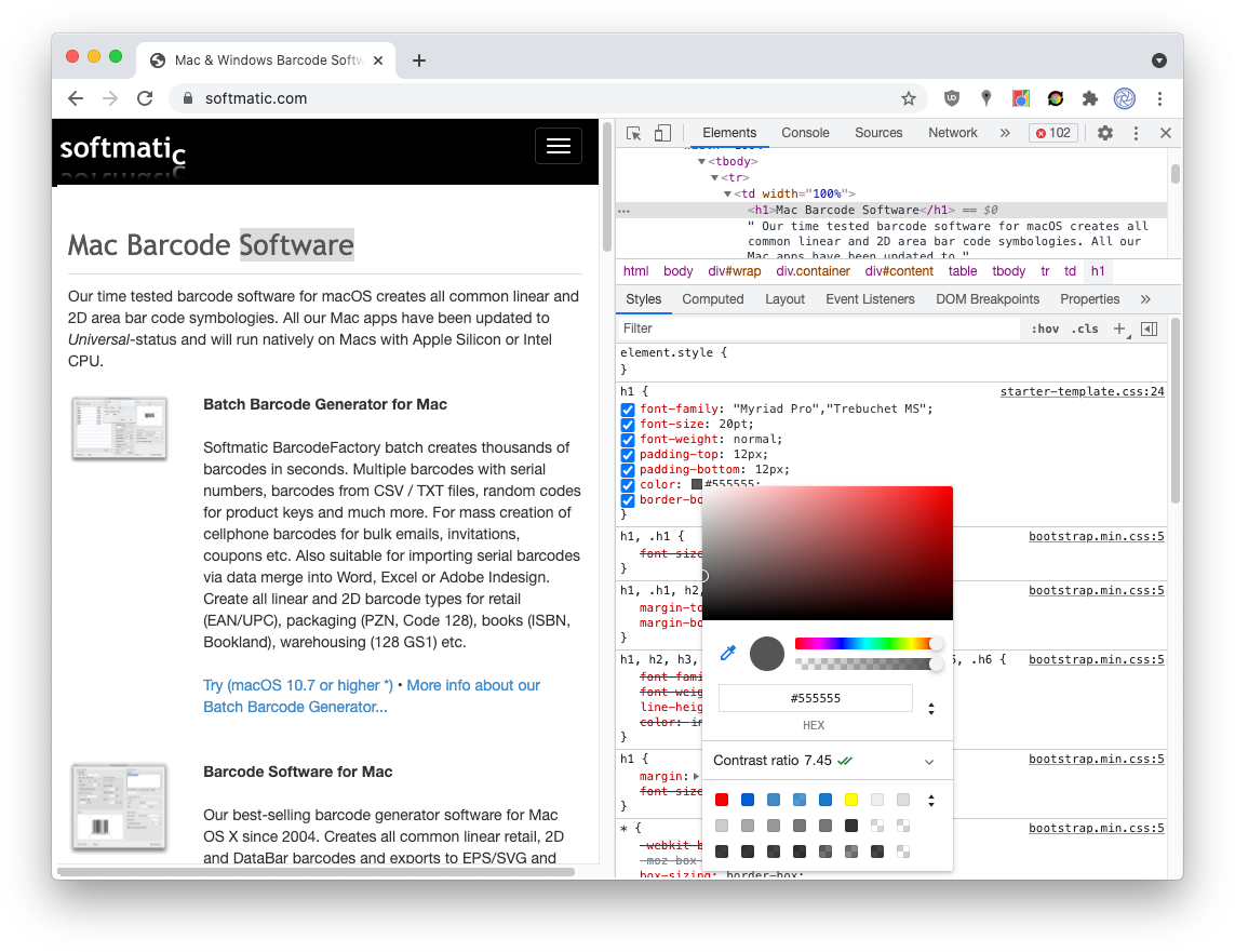 Screenshot: Chrome CSS Inspect - CSS Color Selector Picker